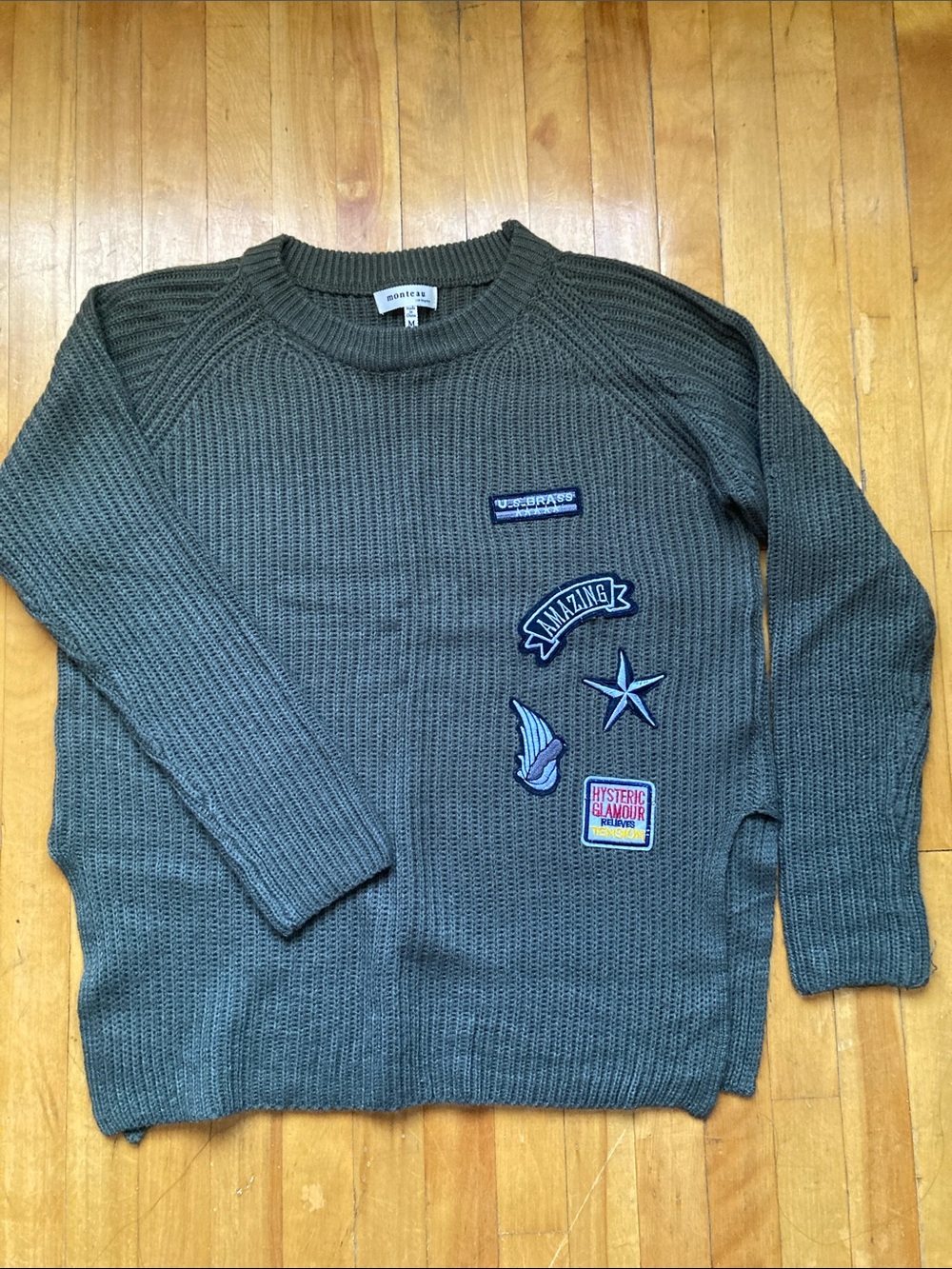 Olive Green Crewneck Sweater with Patch Details
